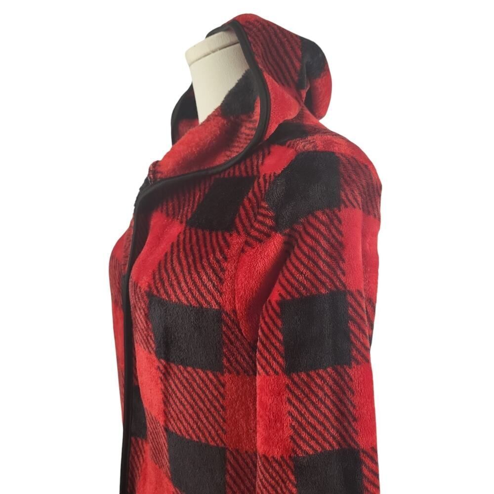 Knapp Studio Medium (est). Hooded Open Front Jacket Red Black Plaid Soft Cozy - Picture 5 of 8